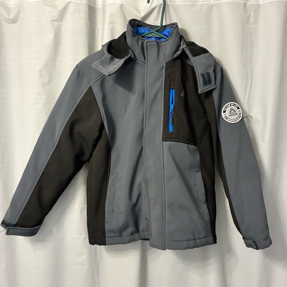 Reebok Kids Gray and Black Hooded Raincoat with Blue Accent